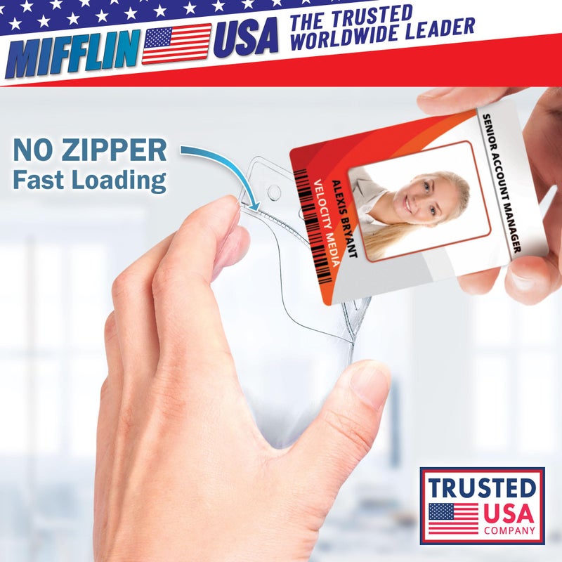 Mifflin Vertical Zipperless ID Badge Holder (Clear, 2.25x3.5 Inch, 100 Pack), Quick Load Plastic Name Card Pouch in Bulk - Image 3